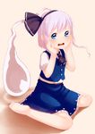  alternate_color ascot bare_legs barefoot black_hairband blonde_hair blue_eyes blue_skirt blush child ghost hair_ribbon hairband hands_on_own_cheeks hands_on_own_face highres hitodama konpaku_youmu konpaku_youmu_(ghost) muku_(muku-coffee) open_mouth ribbon short_hair silver_hair sitting skirt solo tears touhou vest wariza white_hair 