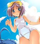  2girls ahoge blue_eyes blue_hair blush hair_ribbon hiiragi_tsukasa izumi_konata lucky_star mizugi purple_hair sky standing sukumizu sweatdrop 