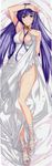  absurdres bed_sheet breasts cherry_blossoms cleavage dakimakura dress dress_lift eyebrows eyebrows_visible_through_hair from_above full_body green_eyes grin highres huge_filesize ky large_breasts long_hair looking_at_viewer lying on_back panties panty_peek purple_hair saint_seiya saint_seiya:_the_lost_canvas sasha_(saint_seiya:_the_lost_canvas) smile solo underwear white_dress white_panties 