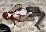  black_eyes black_legwear black_shorts brown_hair brown_jacket copyright_name jacket long_hair lying makise_kurisu on_back open_clothes open_jacket pantyhose shirt short_shorts shorts solo steins;gate white_shirt 