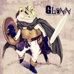  1boy armor bad_id bad_pixiv_id cape character_name chrono_trigger closed_mouth frog_(chrono_trigger) frog_boy holding holding_shield holding_sword holding_weapon infinote male_focus no_humans shield solo standing sword weapon yellow_eyes 