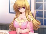  1girl blonde_hair bra breasts cleavage dress game_cg gunner-l huge_breasts indoors koinoki_shizuku lace-trimmed_bra long_hair looking_at_viewer see-through sitting solo table tsuri_baka underwear window 