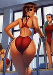  alternate_color ass bench brown_eyes brown_hair climbing competition_swimsuit copyright_request curvy from_behind highres indoors iruma_kamiri looking_back multiple_girls non-web_source one-piece_swimsuit pool_ladder poolside shiny shiny_skin short_hair smile swimsuit towel wet window 