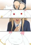  4koma :3 :d ^_^ a1 blonde_hair closed_eyes comic crossover hands_together k-on! kotobuki_tsumugi kyubey long_hair mahou_shoujo_madoka_magica open_mouth red_eyes round_teeth school_uniform skirt smile teeth 