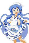  blue_eyes blue_hair bracelet chibi dress dual_persona grin hat highres ikamusume jewelry long_hair mini-ikamusume minigirl open_mouth shinryaku!_ikamusume smile tentacle_hair tentacles torasen_(artist) transparent_background vector_trace water 