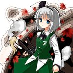  behind_back black_bow black_hairband black_neckwear blue_eyes bow bowtie cowboy_shot gochou_(atemonai_heya) green_skirt hair_ribbon hairband katana konpaku_youmu long_sleeves lowres ribbon sheath sheathed short_hair silver_hair skirt solo sword touhou vest weapon 