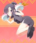  :o ass black_hair bowl breasts carrying china_dress chinese_clothes dress food highres impossible_clothes impossible_dress kami_nomi_zo_shiru_sekai legs long_hair looking_at_viewer meandros medium_breasts noodles ponytail purple_eyes ramen solo uemoto_sumire yuto_(dialique) 