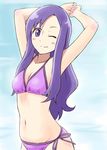  arms_behind_head arms_up bikini breasts cleavage heartcatch_precure! kurumi_momoka long_hair looking_at_viewer medium_breasts navel one_eye_closed precure purple_eyes purple_hair satogo side-tie_bikini smile solo swimsuit 