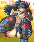  armlet armor blue_hair blush boots breasts cameltoe collarbone covered_nipples fang fishnets gauntlets gloves hairband highres leaf long_hair medium_breasts monster_hunter monster_hunter_portable_3rd nargacuga_(armor) paw_pose pt@i solo underboob yellow_eyes 