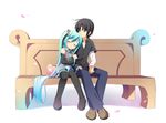  1girl aqua_hair bench black_hair closed_eyes detached_sleeves hatsune_miku heart long_hair masaki_(machisora) necktie sitting skirt thighhighs twintails very_long_hair vocaloid 