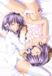  bed blush clannad fujibayashi_kyou fujibayashi_ryou igul multiple_girls panties purple_hair ribbon ribbon-trimmed_underwear ribbon_trim shirt siblings side-tie_panties sleeping striped thighhighs twins underwear white_shirt 