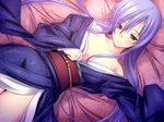  1girl atelier_kaguya brown_eyes game_cg japanese_clothes kimono long_hair lying m&amp;m magical_witch_concerto purple_hair solo 