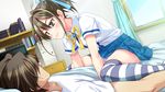  1girl :3 bedroom blush bomi brother_and_sister brown_hair green_eyes hair_ribbon highres hiiragi_seigo hiiragi_yamame indoors no_pantsu!! panties ponytail ribbon school_uniform short_hair siblings sitting sitting_on_person skirt straddling striped striped_panties thighhighs underwear 