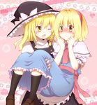  alice_margatroid black_legwear blonde_hair blush bow braid capelet carrying dress hair_bow hairband hat kirisame_marisa loafers multiple_girls one_eye_closed princess_carry satoimoya shoes short_hair socks touhou witch_hat yellow_eyes yuri 