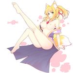  absurdres animal_ears bare_shoulders barefoot blonde_hair breasts dog_days fang fox_ears fox_tail green_eyes highres jewelry kamoto_tatsuya large_breasts leg_up long_legs nipples no_panties open_mouth pendant ponytail solo tail yukikaze_panettone 