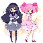  akemi_homura black_hair bow_(weapon) hair_ribbon kaname_madoka long_hair mahou_shoujo_madoka_magica multiple_girls pantyhose pink_hair ribbon shield short_hair short_twintails smile twintails umekei weapon 