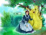  apron araigo_rugo barn blue_ribbon bow bow_tie bowtie brown_hair chocobo dress female final_fantasy final_fantasy_vii grass hair_ornament house kneeling long_hair red_eyes ribbon subarasii104 tifa_lockhart tree 