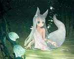  animal_ears aqua_eyes bare_shoulders blue_eyes dress flower fox_ears fox_tail hands haruno original partially_submerged plant see-through silver_hair solo tail vines water wet wet_clothes 