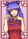  china_dress chinese_clothes double_bun double_buns dress fangs purple_hair ranma_1/2 red_eyes shampoo_(ranma_1/2) smile solo wink zozo_zone 