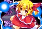  ankle_boots black_legwear blonde_hair boots capelet dress energy extra hair_ribbon hemogurobin_a1c mystic_square pointy_ears red_eyes ribbon short_dress short_hair smile solo thighhighs touhou wayousei_(touhou) wide_sleeves zettai_ryouiki 