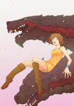  armband brown_hair cerberus_(ff8) d-maker final_fantasy final_fantasy_viii flipped_hair green_eyes highres selphie_tilmitt skirt upskirt wristband yellow_skirt 