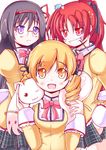  :3 akemi_homura animal animal_on_shoulder black_hair blonde_hair blue_hair breast_squeeze breasts drill_hair food glasses hair_ornament hair_ribbon kyubey long_hair mad_(hazukiken) mahou_shoujo_madoka_magica medium_breasts miki_sayaka mitakihara_school_uniform mouth_hold multiple_girls one_eye_closed open_mouth plaid plaid_skirt pleated_skirt pocky ponytail purple_eyes red-framed_eyewear red_eyes red_hair ribbon sakura_kyouko school_uniform short_hair skirt smile tomoe_mami yellow_eyes 