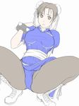  boots bracelet brown_legwear china_dress chinese_clothes chun-li dress eau flat_color jewelry pantyhose pelvic_curtain sash solo spiked_bracelet spikes spread_legs squatting street_fighter thick_thighs thighs 