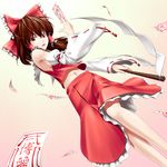  breasts brown_hair detached_sleeves gohei hakurei_reimu kentairui medium_breasts midriff ofuda red_eyes short_hair sideboob solo touhou 