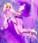  1girl alternate_hair_color araigo_rugo bare_legs blonde_hair breasts cleavage colored_skin commentary_request final_fantasy final_fantasy_ix full_body garnet_til_alexandros_xvii holding holding_wand juliet_sleeves leotard long_sleeves official_alternate_costume pink_skin puffy_sleeves purple_background red_eyes shoes short_hair small_breasts solo tattoo trance_garnet_til_alexandros_xvii wand 