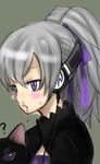  ? blood blush cat darker_than_black gray_hair hair_ribbon headphones mao_(darker_than_black) nosebleed ponytail purple_eyes ribbon sweat yin 