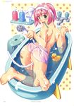  1girl absurdres ass bad_feet barefoot bath_stool bathing bathtub feet from_above from_behind green_eyes highres kuuchuu_yousai looking_back nude original oshiri pink_hair rubber_duck scan sexually_suggestive short_hair shower_head smile soles solo stool toothbrush topless towel 