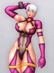  1girl arm_up blue_eyes breasts cleavage elbow_gloves female gloves hair_over_one_eye isabella_valentine ivy large_breasts lipstick makeup namco short_hair small_hips solo soul_calibur soulcalibur_ii standing thick white_hair yukijirushi_nyugyou 