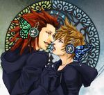  2boys axel black_gloves blonde_hair blue_eyes butterfly crossover gloves headset incipient_kiss kingdom_hearts male male_focus multiple_boys red_hair roxas vocaloid wings yaoi 