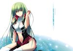  adjusting_hair bangs blush c.c. code_geass cover crop_top doujinshi green_hair long_hair midriff navel see-through sitting sleeveless sleeveless_turtleneck solo submerged thighhighs thighs translation_request turtleneck water wet white_legwear yellow_eyes zinno 