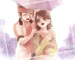  1girl bad_id bad_pixiv_id bag brown_hair closed_eyes endou_mamoru flower headband holding holding_umbrella inazuma_eleven inazuma_eleven_(series) inazuma_eleven_go kino_aki leaf lizzydom open_mouth paper_bag rain shared_umbrella short_hair smile umbrella 