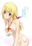  blonde_hair blonde_pubic_hair blush breasts charlotte_dunois hair_ribbon infinite_stratos jewelry long_hair medium_breasts necklace nipples nude ponytail pubic_hair purple_eyes pussy ribbon robina soap_bubbles solo 