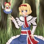  alice_margatroid blonde_hair blue_eyes bow capelet daimosu dress forest hair_bow hairband lance long_hair nature polearm sash shanghai_doll short_hair solo touhou weapon white_capelet 