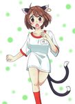  alternate_costume animal_ears bad_id bad_pixiv_id bottomless brown_eyes brown_hair cat_ears chen fang gym_uniform jewelry multiple_tails open_mouth running shinba short_hair single_earring solo tail touhou 