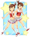  brown_eyes brown_hair cheerleader futami_ami futami_mami hair_bobbles hair_ornament idolmaster idolmaster_(classic) idolmaster_live_for_you! midriff multiple_girls non-web_source short_hair siblings side_ponytail star twins wristband 