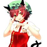  animal_ears bad_id bad_pixiv_id blush bow bowtie brown_hair cat_ears cat_tail chen embellished_costume hat multiple_tails nail_polish orange_eyes short_hair simple_background solo tail touhou upper_body white_background yutazou 
