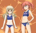  :&lt; adidas blonde_hair blue_eyes buruma clothes_writing flat_chest francie_gerard glasses long_hair mirutsu_(milts) multiple_girls nike perrine_h_clostermann red_hair sports_bikini strike_witches twintails world_witches_series yellow_eyes 