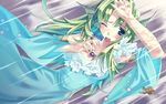  2010 ;o agarest_senki agarest_senki_(series) arm_up blue_dress blue_eyes blush company_name copyright_name covering dress dutch_angle fins game_cg green_hair highres hirano_katsuyuki jewelry long_hair necklace official_art one_eye_closed rain reverie_(agarest_senki) solo surprised wet 