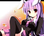  animal_ears black_legwear blush bunny_ears bunny_tail business_suit formal horon necktie purple_eyes purple_hair red_eyes reisen_udongein_inaba sitting skirt smile solo star suit tail thighhighs touhou zettai_ryouiki 