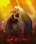  :o bezi black_panties detached_sleeves dust fire flame hatsune_miku headgear light_rays long_hair molten_rock open_mouth panties skirt skirt_lift solo standing surprised thighhighs twintails underwear very_long_hair vocaloid wind wind_lift 