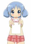  &gt;:) blue_hair blush hair_cubes hair_ornament kanocchi naganohara_mio nichijou paper plaid plaid_skirt school_uniform short_hair simple_background skirt smile solo template tokisadame_school_uniform twintails v-shaped_eyebrows white_background 