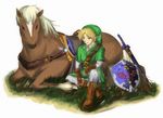  blonde_hair blue_eyes epona gloves hat horse link male_focus miraioranji pointy_ears shield smile solo sword the_legend_of_zelda the_legend_of_zelda:_ocarina_of_time weapon 
