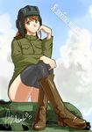  akahlulu boots cyrillic green_eyes highres military military_uniform original panties russian signature soldier solo soviet thighhighs translated underwear uniform 