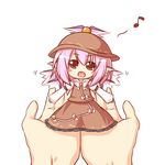  :d animal_ears blush_stickers brown_dress brown_eyes chibi dress hands hat in_palm kousa_(black_tea) minigirl music musical_note mystia_lorelei open_mouth out_of_frame outstretched_arms pink_hair pov pov_hands short_hair singing smile solo_focus standing touhou wings 