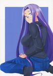  ass breasts denim fate/stay_night fate_(series) from_behind glasses jeans kneeling large_breasts legs long_hair pants purple_eyes purple_hair rider simple_background sitting smile solo turtleneck typo very_long_hair wariza zanku 