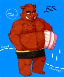  2010 amamiya anthro belly blue_background bulge clothing english_text humanoid_hands male mammal moobs navel nipples overweight overweight_male simple_background solo suid suina sus_(pig) text underwear wild_boar 